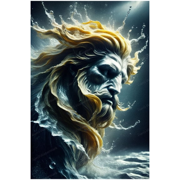 Greek Mythology Gift - Poseidon Raging Seas Canvas Poster with Lightning Trident Framed Wall Art, Men's Cave Decoration