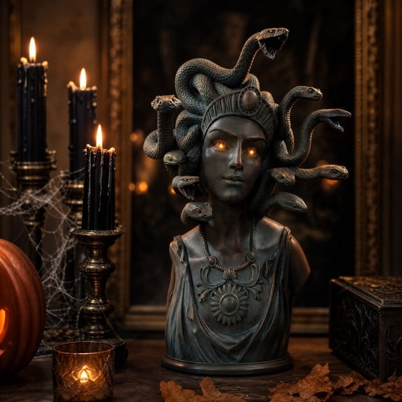 Greek Mythology Gorgon Bust Statue, Patina Resin Snake Head Sculpture, Gothic Tabletop Ornament for Home, Office, Shelf Decor and Collectible Gift