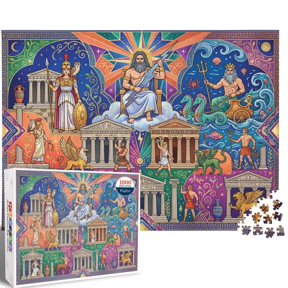 Greek Mythology Olympian Gods Jigsaw Puzzle for Adults 1000 Pieces, Vibrant Ancient Art Illustration, Thick Cardboard Matte Finish, Perfect Gift for History Lovers