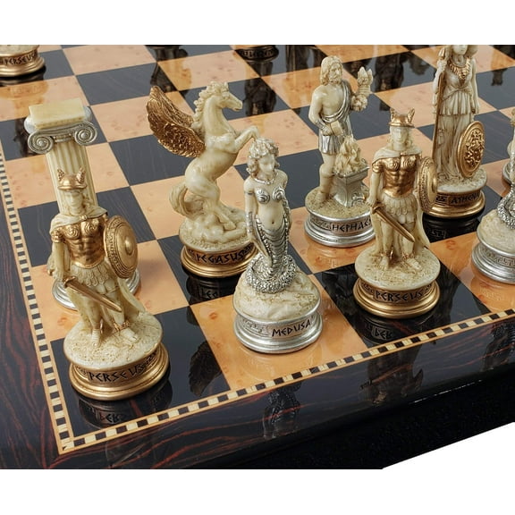 Greek Mythology Olympus Gods Chess Set Antique White Gold 18" Walnut Color Bd