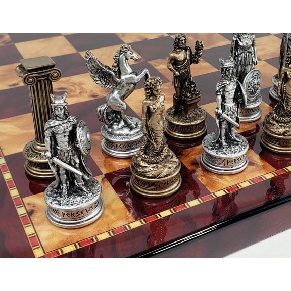 Greek Mythology Olympus Gods Chess Set Pewter Bronze Color W/ 18 Cherry Color Bd