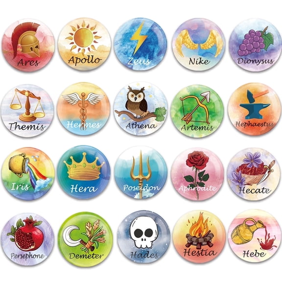 Htabiol Greek Mythology Olympian Gods Button Pins, 20 Count, Tinplate