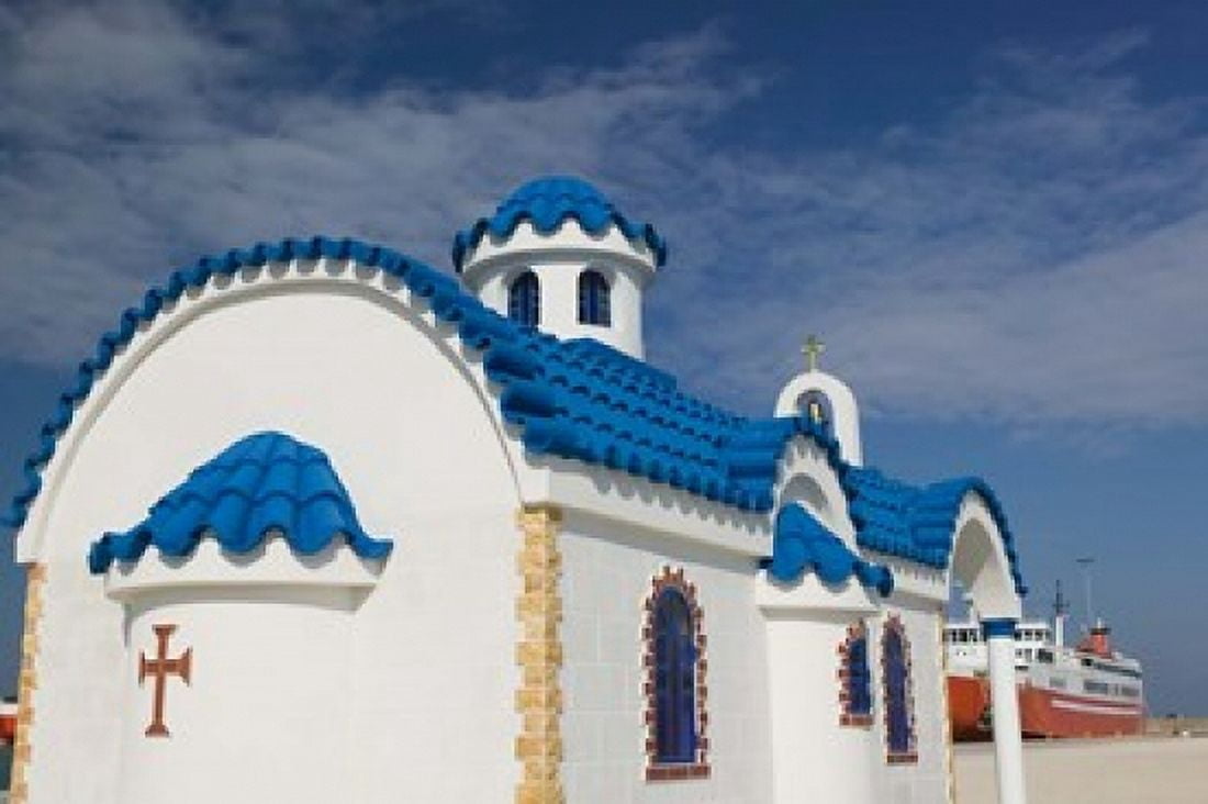 Greek Orthodox Chapel Port of Kyllini Peloponnese Greece Canvas Art - Walter Bibikow DanitaDelimont (28 x 19)