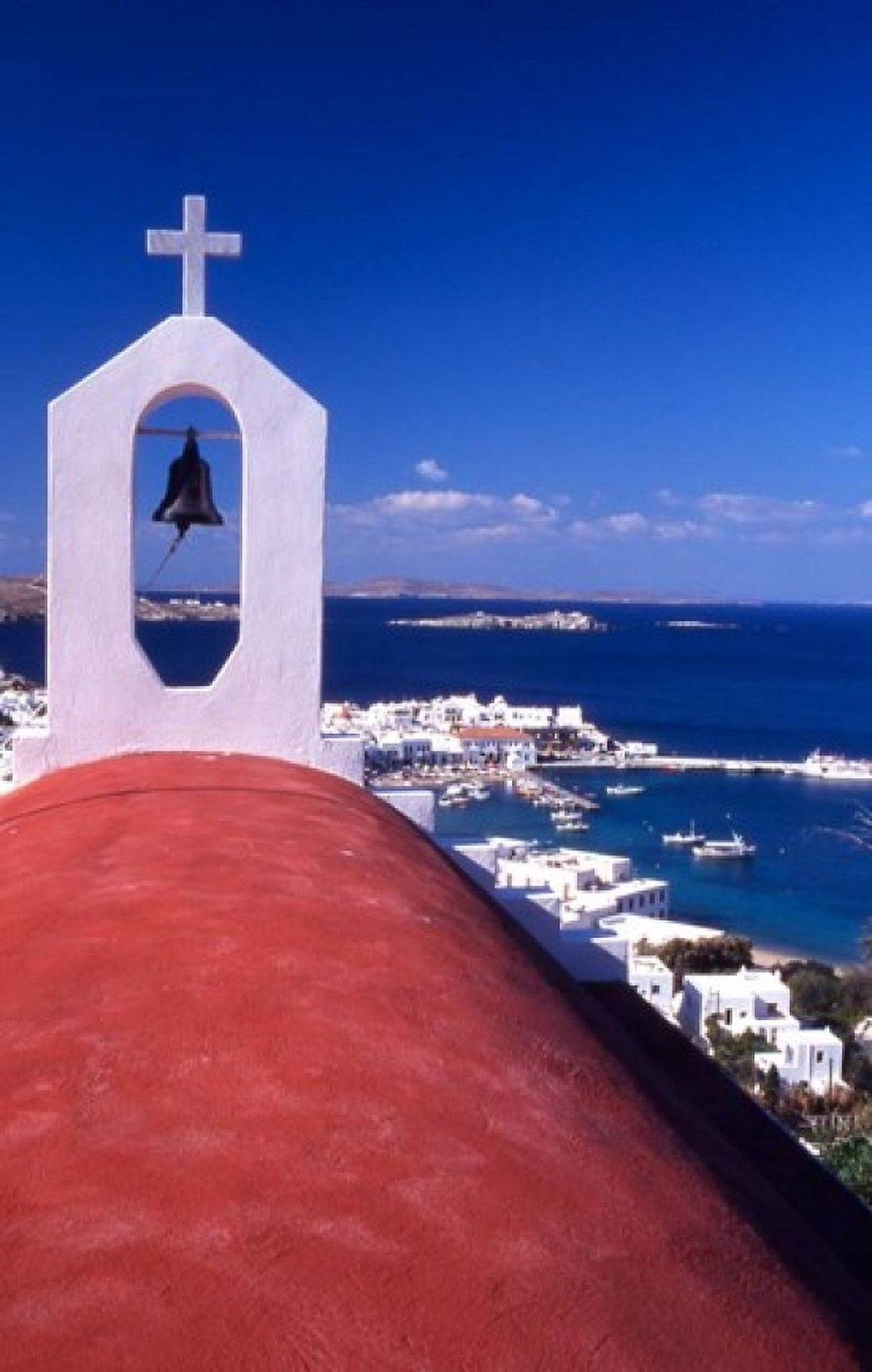 Greek Orthodox Church and Harbor in Mykonos Greece Canvas Art - Steve Outram DanitaDelimont (18 x 24)