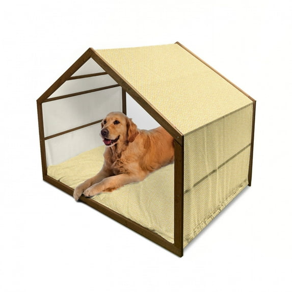 Greek Pet House, Yellow and White Tile Pattern with Twisted Lines in Squares Grunge Looking Maze, Outdoor & Indoor Portable Dog Kennel with Pillow and Cover, 5 Sizes, Yellow and White, by Ambesonne