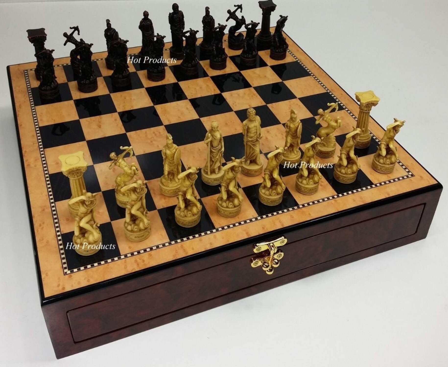 Greek Roman Gods Mythology Chess Set W/ 17" Walnut  Maple Color Storage Board