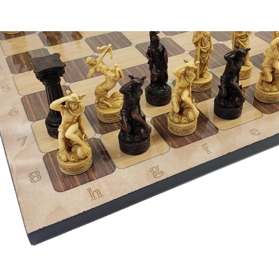 Greek Roman Mythology Gods CHESS SET W/ 17" Rustic Ebony and Maple Color Board
