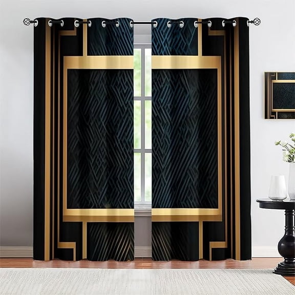 Greek Style Blackout Curtains, Luxurious Black Gold Geometry 3D Print Window Curtain Panel, Insulation Window Curtain For Living Room Apartment Bathroom Laundry Home 42"W x 108"L (Pack of 2)