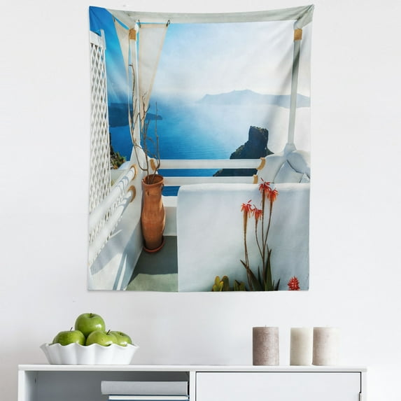 Greek Tapestry, Holiday Terrace with Sea at Sunset Architecture on Santorini Island Greece, Fabric Wall Hanging Decor for Bedroom Living Room Dorm, 5 Sizes, Turquoise and Blue, by Ambesonne
