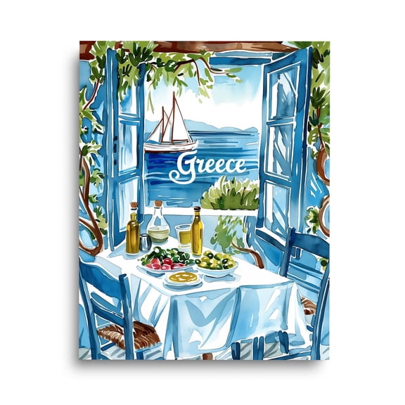 Greek Taverna Print, Aegean Sea View Art, Greece Travel Wall Decor, Mediterranean Kitchen Artwork, Coastal Dinner Table Print Home Decor #238, Stretched Canvas Size 12x18