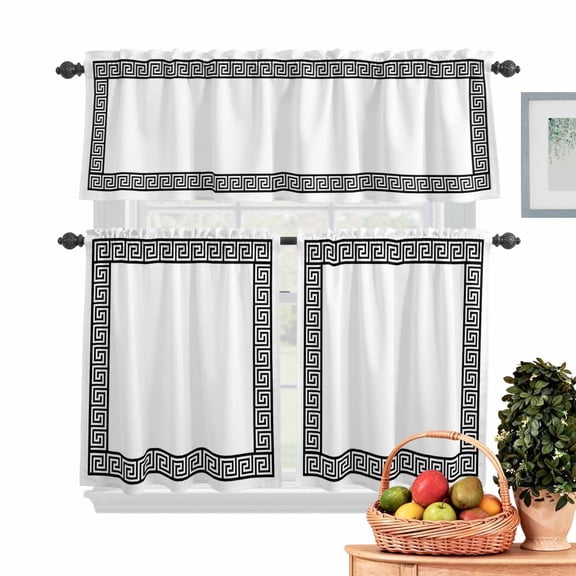Greek Themed Kitchen Curtains Valances 3 Piece Set, Traditional Meander Border Square Geometric Rod Pocket Tier Curtain and Valance Drapes for Small Window 24 Inch Length for Bedroom Cafe