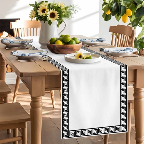 Greek Themed Table Runner, Traditional Meander Border Square Geometric Washable Kitchen Table Runners Dress Scarves for Dining Table Decorations Party/Restaurant/Indoor Outdoor Use, 13x90in