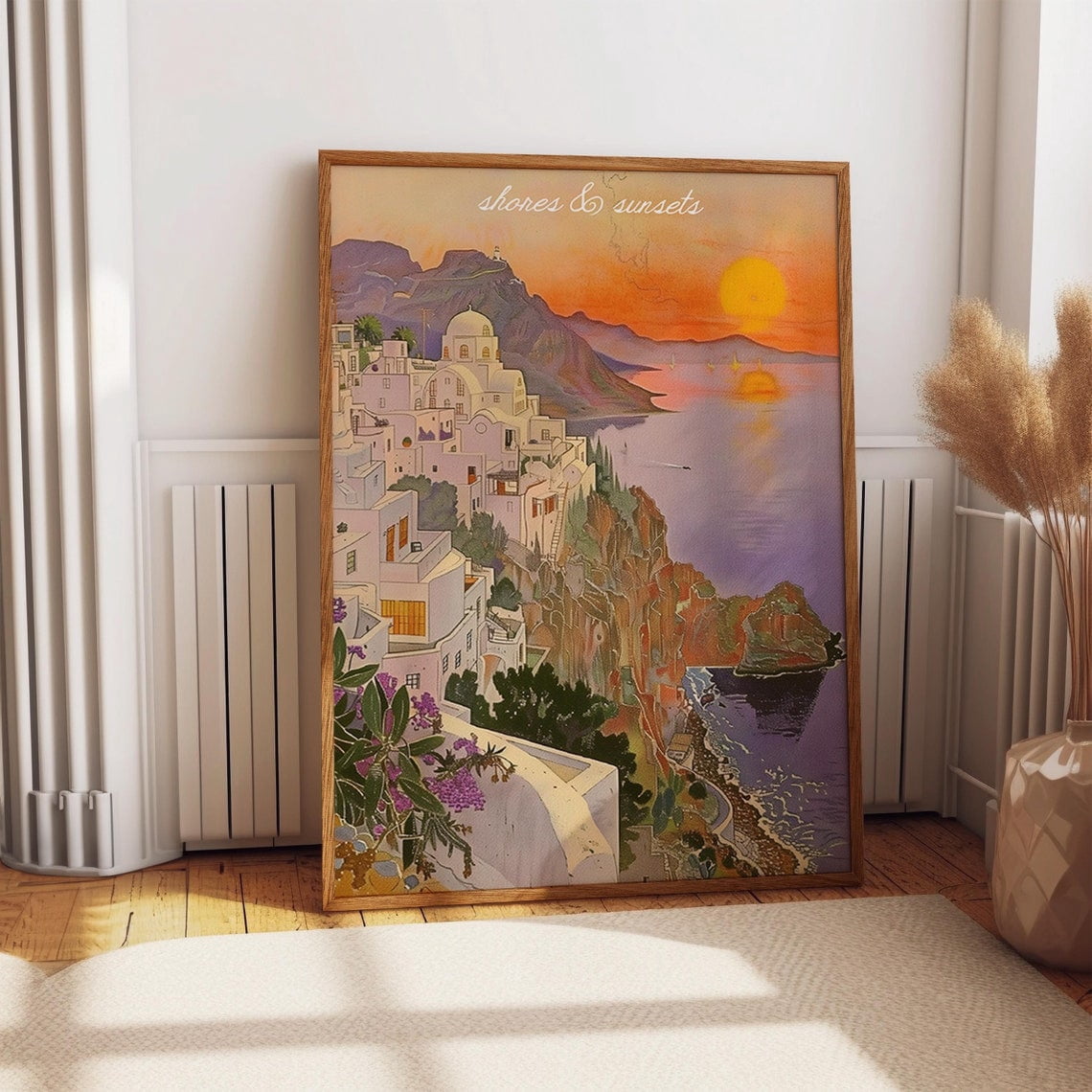 Greek Village Poster - Mediterranean Sunset Coastal Town Wall Art ...
