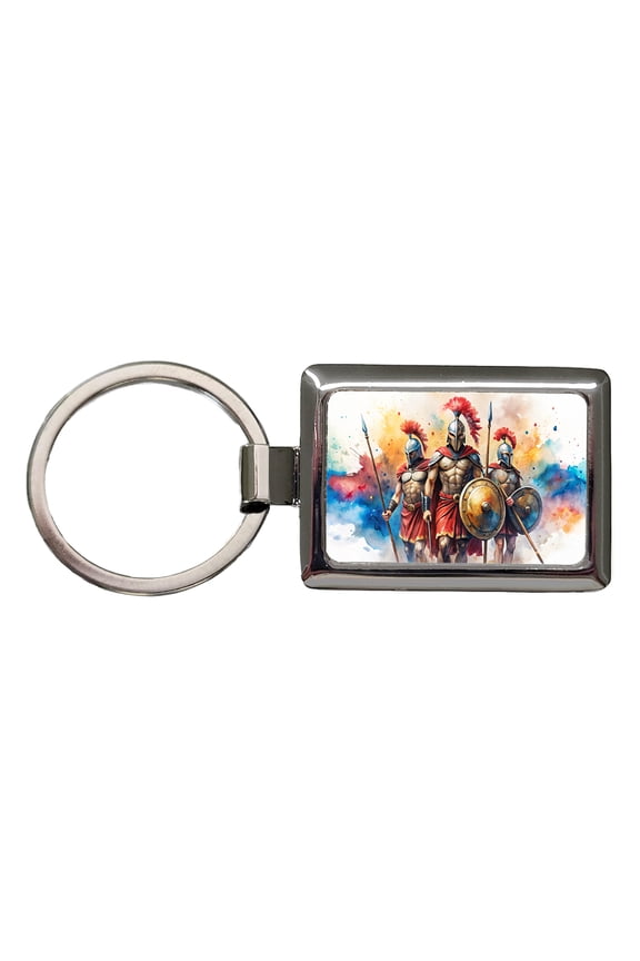 Greek Warriors Spartans Watercolor Metal Rectangle Keychain