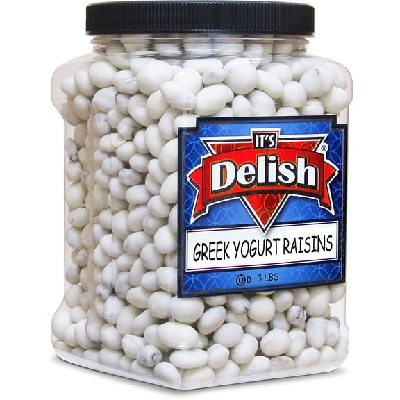 Greek Yogurt Covered Raisins by It's Delish, 3 Lbs Jumbo Container Scrumptious & Nutritious Yogurt Coated Dried Raisins Sweet Snacking and Bulk Party Treats USA Made, Kosher Dairy