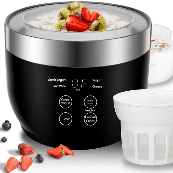 Greek Yogurt Maker Machine with Strainer and Timer Control, Stainless Steel Inner Pot, Automatic Digital with 2 Glass Jars 1 Quart for Home Organic Yogurt, Cheese, Fruit Wine