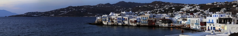 Greek island of Mykonos at dusk South Aegean Greece Canvas Art - Panoramic Images (44 x 7)