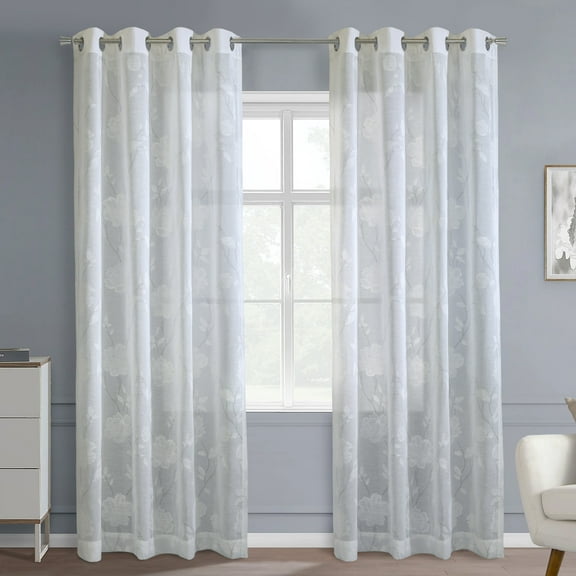 Greeley Faux Linen Printed Branches Grommet Curtain Panel 52" x 108" in White