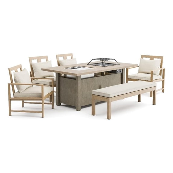 Greemotion Bordeaux 6-Piece Natural Finish Metal Outdoor Fire Pit Dining Set