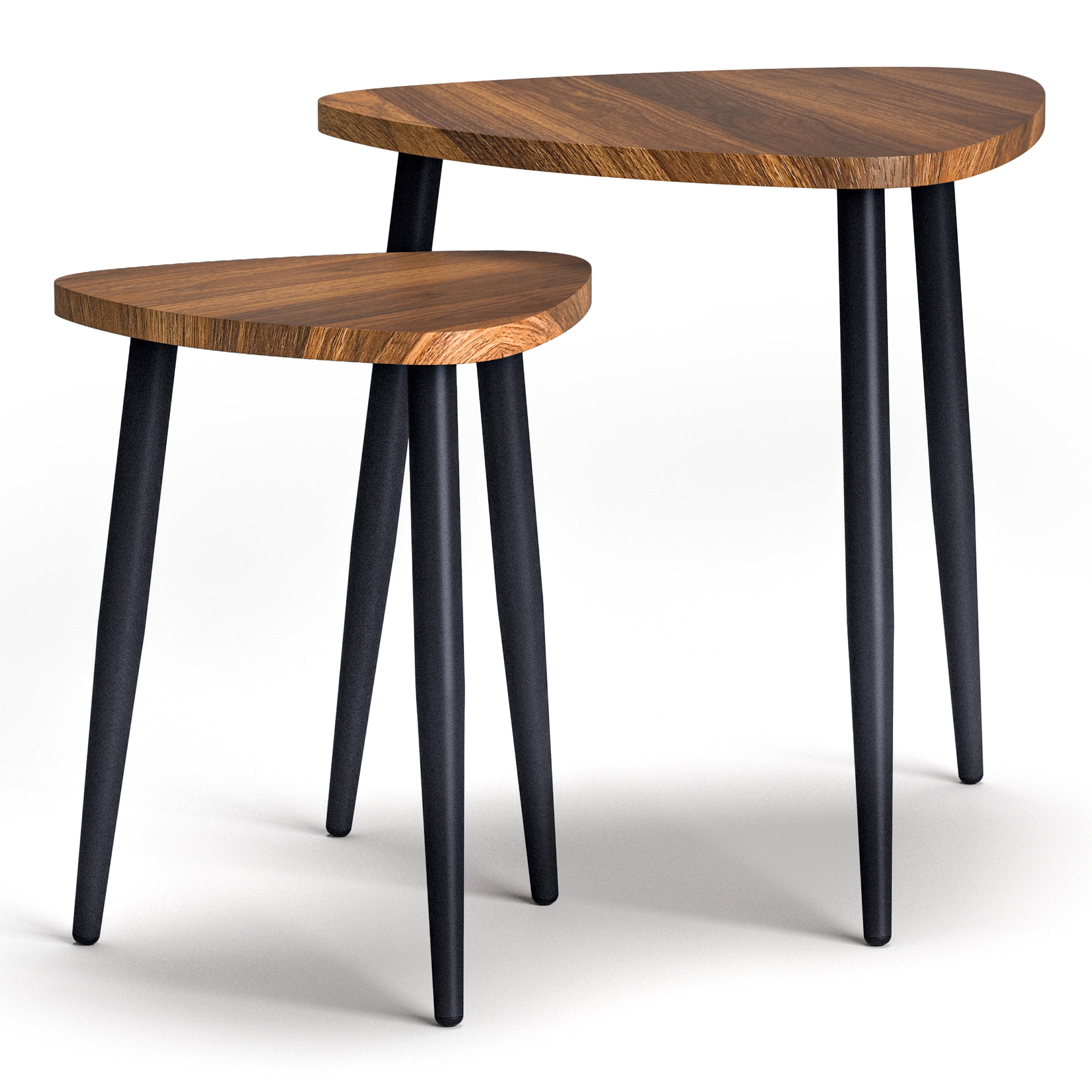 Natural Wood Triangular Nesting End Tables with Black Metal Legs