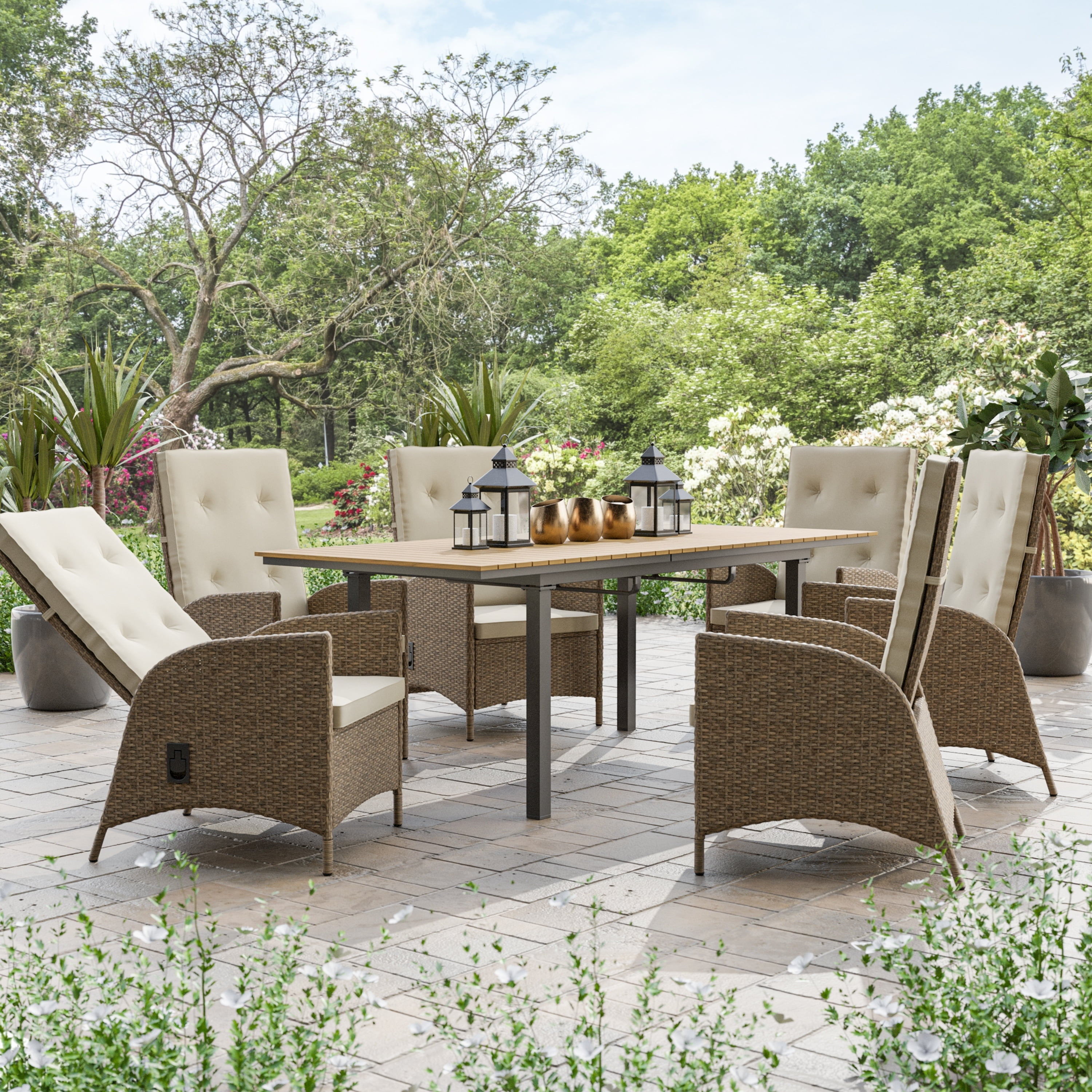 84" Teak and Rattan Outdoor Dining Set with Beige Cushions