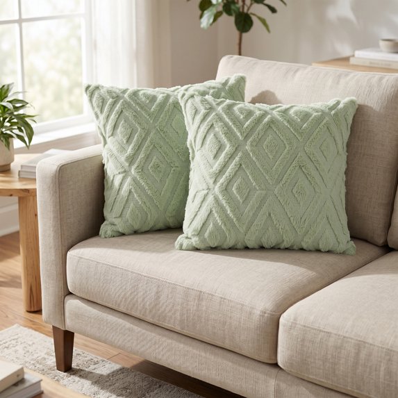 REGALWOVEN Set of 2 Shaggy Plush Throw Pillow Covers Couch Pillow Covers for Home Green-1 18" x 18"