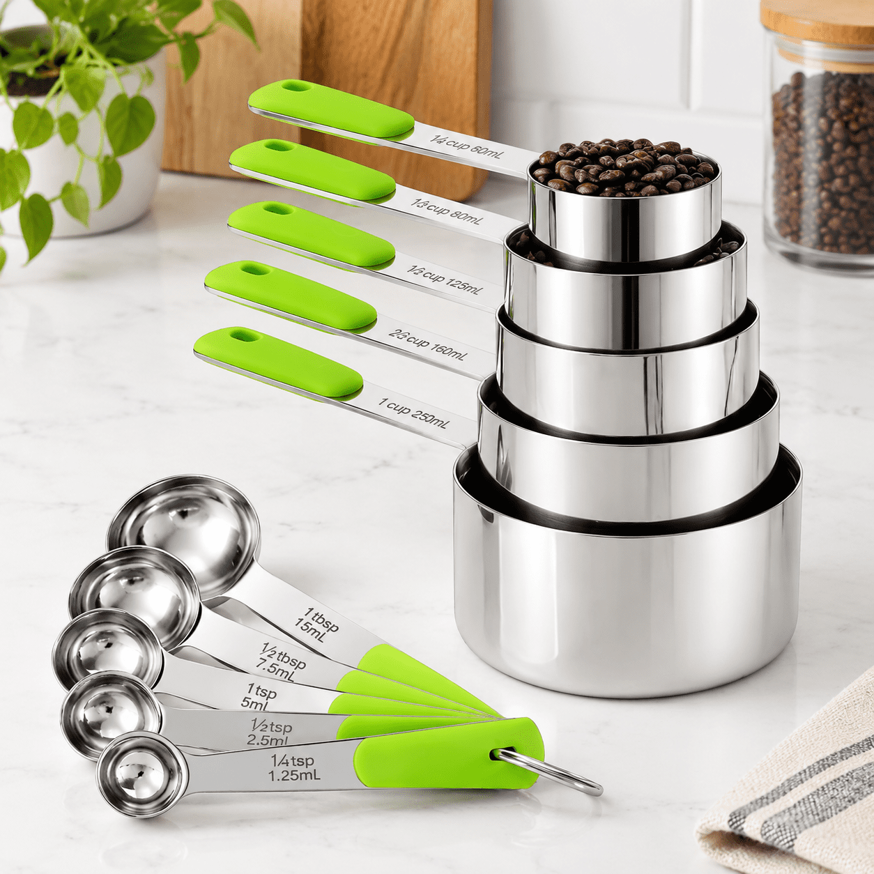 Green 10-Piece Stainless Steel Measuring Cups and Spoons Set - Walmart.com