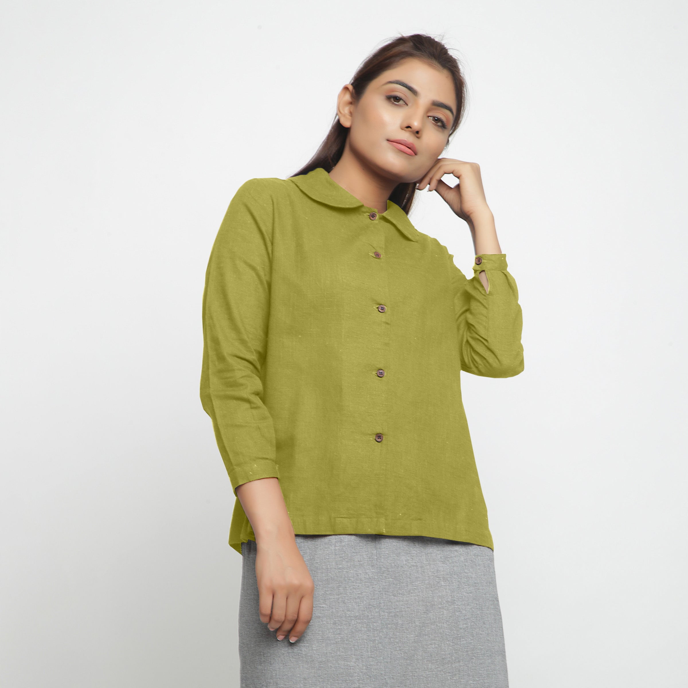 Green 100 Cotton Peter Pan Collar ButtonDown Shirt