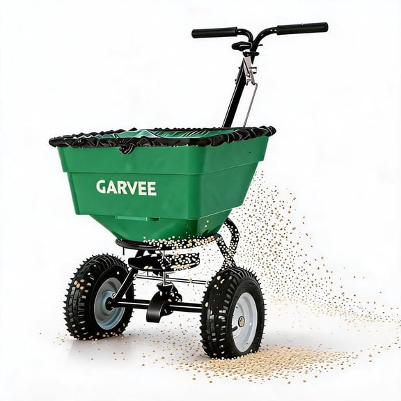 Green 100LBS Walk Behind Broadcast Spreader, 12FT Spread Width with 13in All-Terrain Wheels, Adjustable Flow Control Heavy Duty Lawn Spreader for Seed, Fertilizer, Salt & Ice Melt