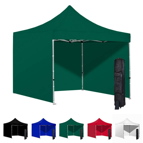 Green 10x10 Instant Canopy Tent and 3 Side Walls - Commercial-Grade Aluminum Frame - Water Resistant Canopy Top and Sidewalls - Includes Canopy Bag and Stake Kit (5 Color Options)