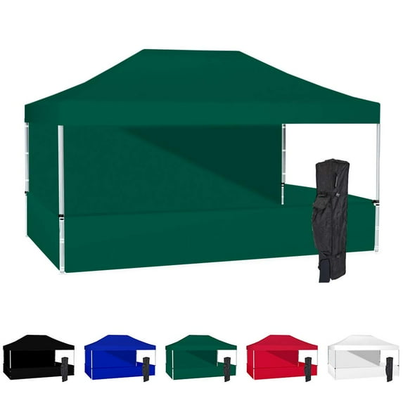 Green 10x15 Instant Canopy Tent with 1 Full Wall and 3 Half Walls - Commercial Grade Aluminum Frame with Water-Resistant Canopy Top and Sidewalls - Bonus Canopy Bag and Stake Kit Included (5 Colors)