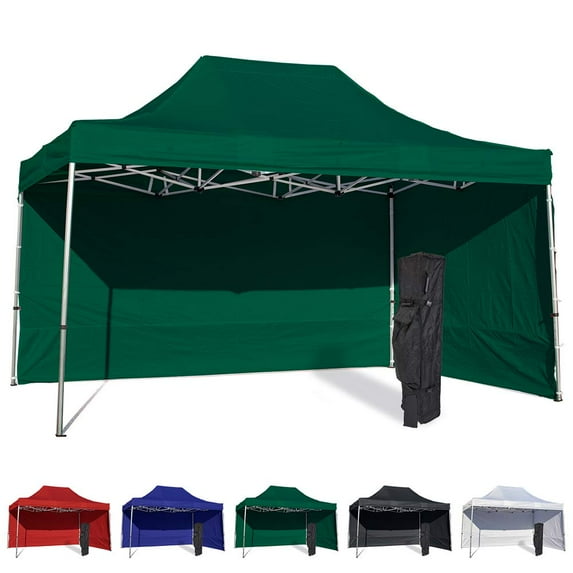 Green 10x15 Instant Canopy Tent and 2 Side Walls - Commercial Grade Aluminum Frame with Water-Resistant Canopy Top and Sidewall - Bag and Stake Kit Included (5 Color Options)
