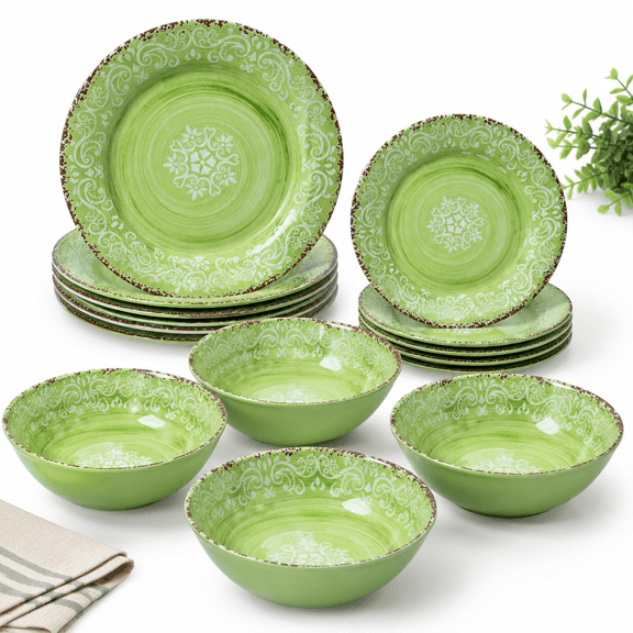 Green 12-Piece Dinnerware Set for 4, Tableware with Floral Rustic Design