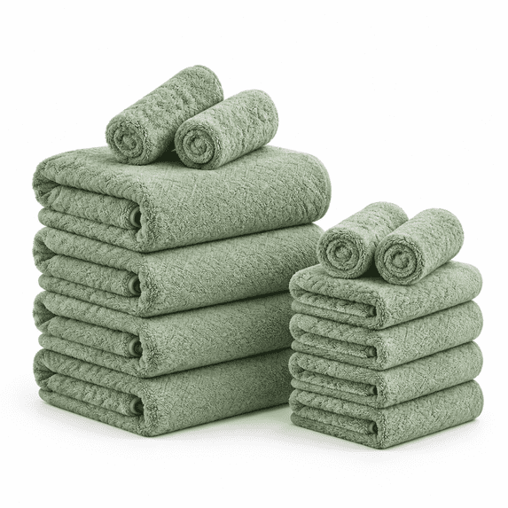 Microfober Green 12-Piece Set Microfiber Bath Towel Set (4 Large, 4 Hand, 4 ...