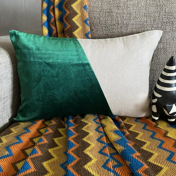 Green 12"x14" (30x35 cm) Lumbar Pillow Cover, Velvet Patchwork & Color Blocking Oblong Pillow, Patchwork Pattern Modern Style - Velutinous Green