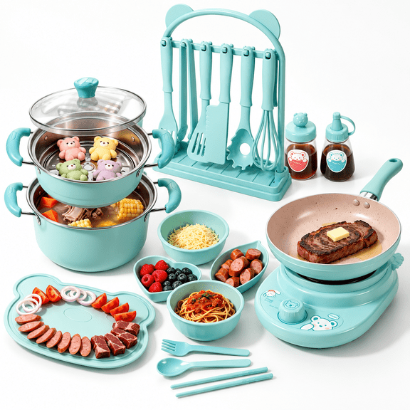 Green 14-Piece Montessori Kitchen Cooking Set with Mini Induction Hot Plate