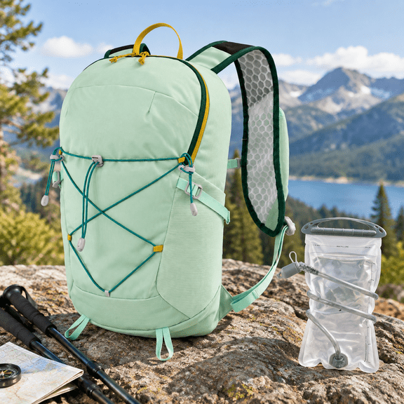 Green 15L Lightweight Nylon Hydration Pack with 2L Water Bladder for Running Cycling Camping