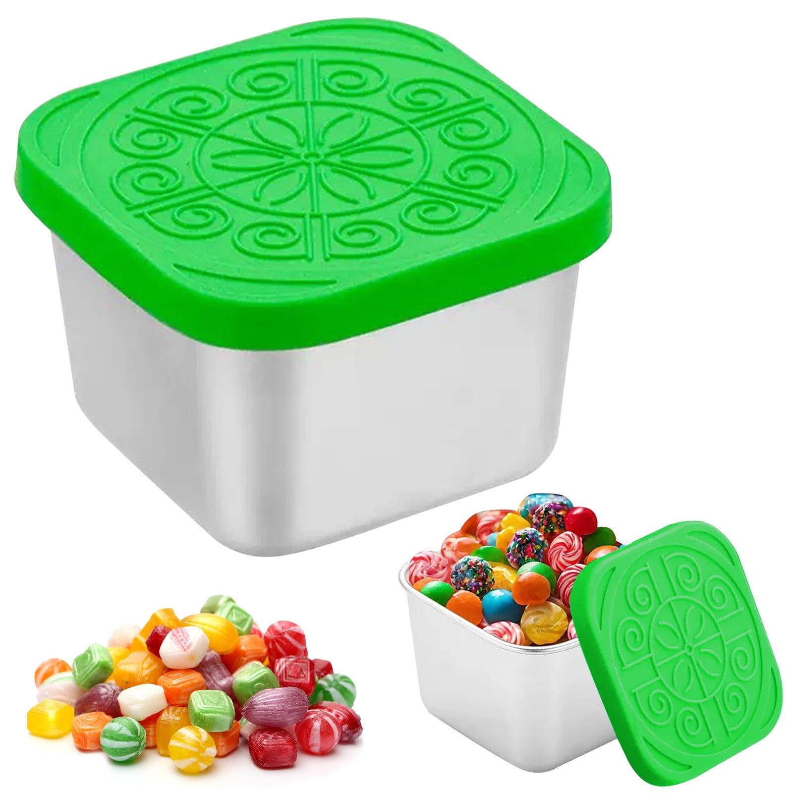 Green 180Ml Stainless Steel Snack Box With Patterned Silicone Lid ...