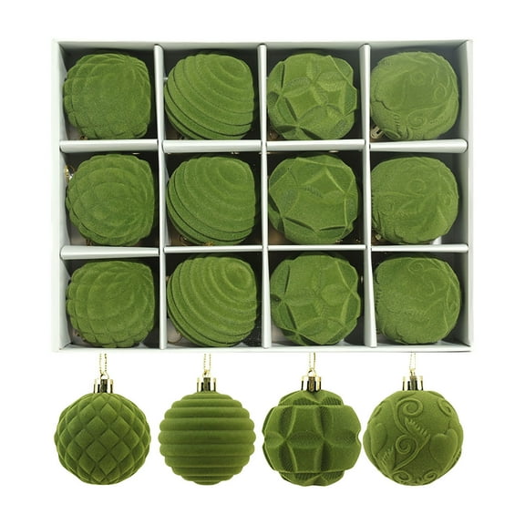 Green Flocking Christmas Balls 6Cm 12 Pieces Boxed Tree Pendant Plastic Painted Velvet Khaki Color For Holiday Tree Decor