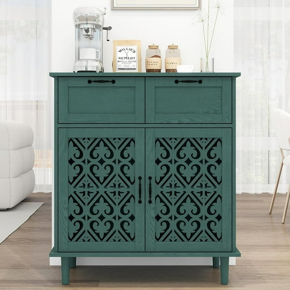 LFGUIZO Green 2-Door 2-Drawer 1-Rack Buffet Cabinet Accent Cabinet with Adjustable Rack, Suitable for Storage in Dining Rooms, Studies and Kitchens