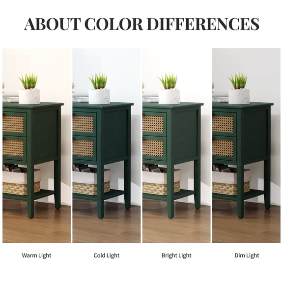 Green 2 Drawer End Table with Natural Rattan, MDF Side Table for Living Room, Bedroom, Study, 22.05L x 15.75W x 28.35H Inches