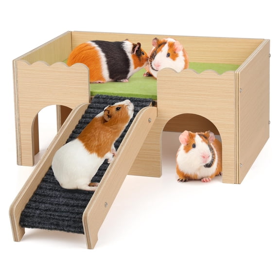 Green 2-Level Wooden Small Pet Castle Habitat for Guinea Pigs, Rabbits, Hamsters, Chinchillas