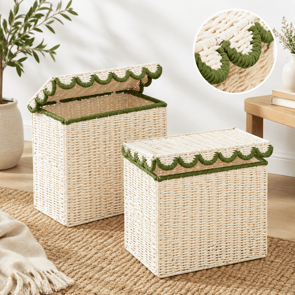 Green 2 Pack Scalloped Paper Rope Wicker Storage Baskets with Lids