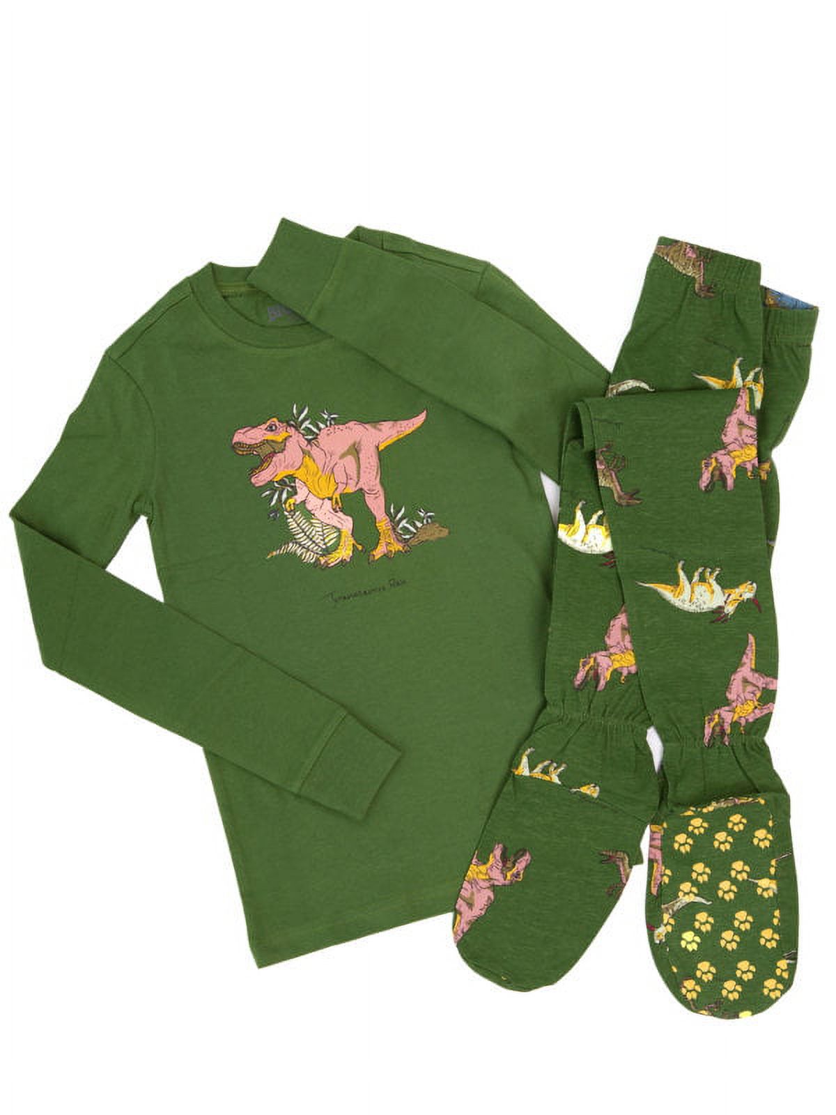 Green 2 Piece Cotton Kids Footed Pajamas Jurassic Dinosaurs Footie