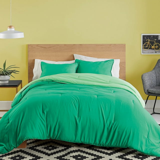 Green 2Piece Reversible Comforter Set, Recycled Microfiber Bedding
