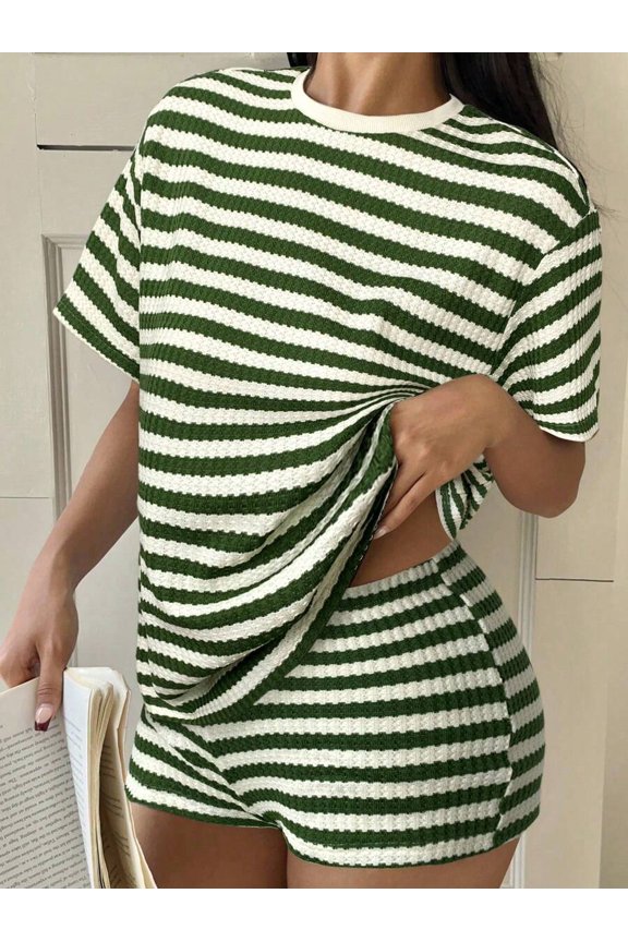 Green-2 Striped Knit Two-Piece Set: Oversized Crew Neck Tee & Split Shorts