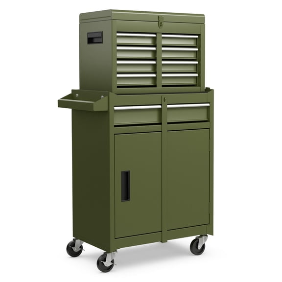 Green 2-in-1 Detachable Rolling Tool Chest with 5 Lockable Sliding Drawers, Heavy-Duty Steel Tool Storage Cabinet with 4 Universal Brake Wheels, Side Tool Hooks & Full EVA Protective Liners, Total 22
