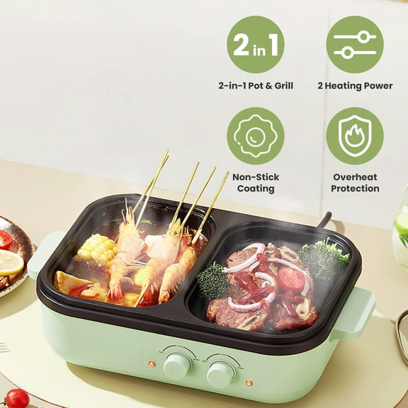 Green 2-in-1 Electric Hot Pot & Grill Combo Dual Temperature Control Non-Stick 33.82OZ Pot 6.76OZ Grill for 1-2 People