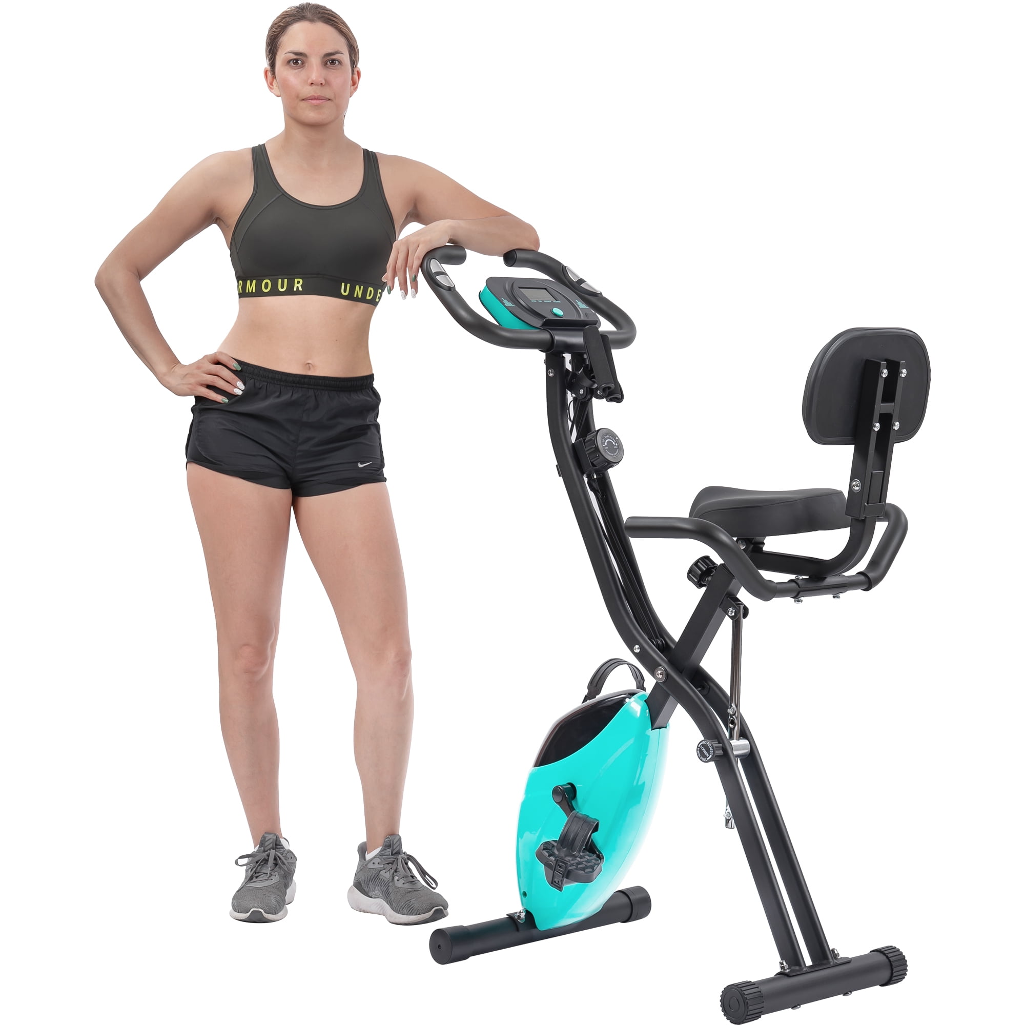 Green 2-in-1 Folding Exercise Bike Upright Recumbent Stationary Bike Magnetic Quiet 16-Level Resistance 350 lbs Capacity Arm Resistance Bands for Home