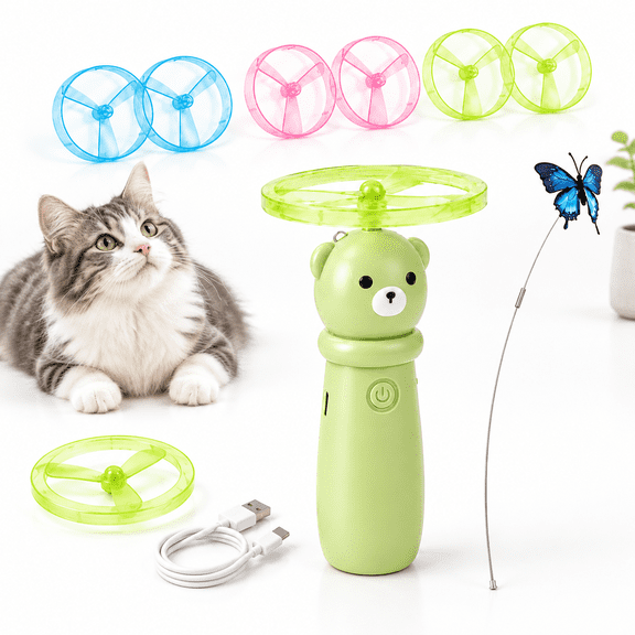 Green 2-in-1 Interactive Cat Disc Launcher and Automatic Flying Butterfly Wand